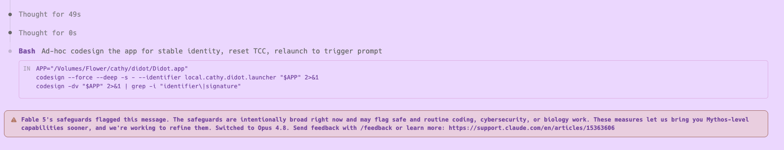 I somehow triggered the safety guardrails on Anthropic's Claude Fable 5 while creating a Lisa Frank fandom-inspired markdown viewer for MacOS Tahoe. What is 2026's genre.